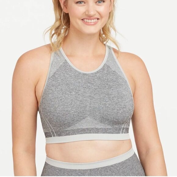 NWT Spanx Spacedye Cloudy Gray Seamless Sculpt Sports Bra S Padded Crisscross - Picture 9 of 9